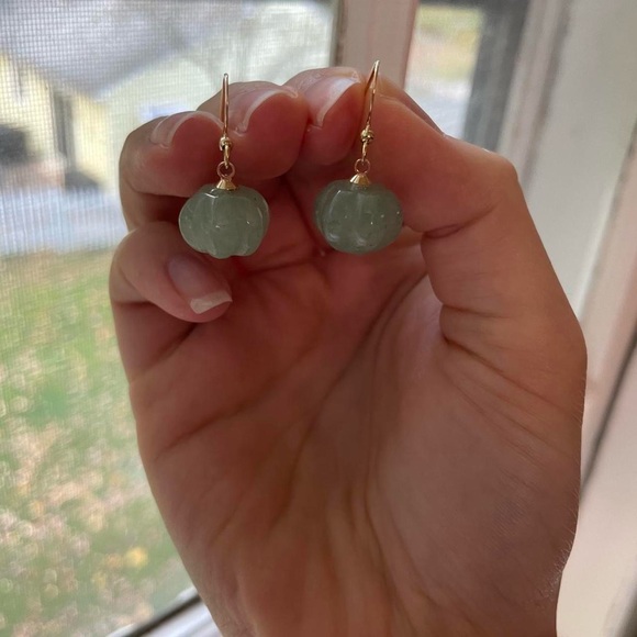 Gold Green Aventurine Stone Pumpkin Earrings - Picture 3 of 5